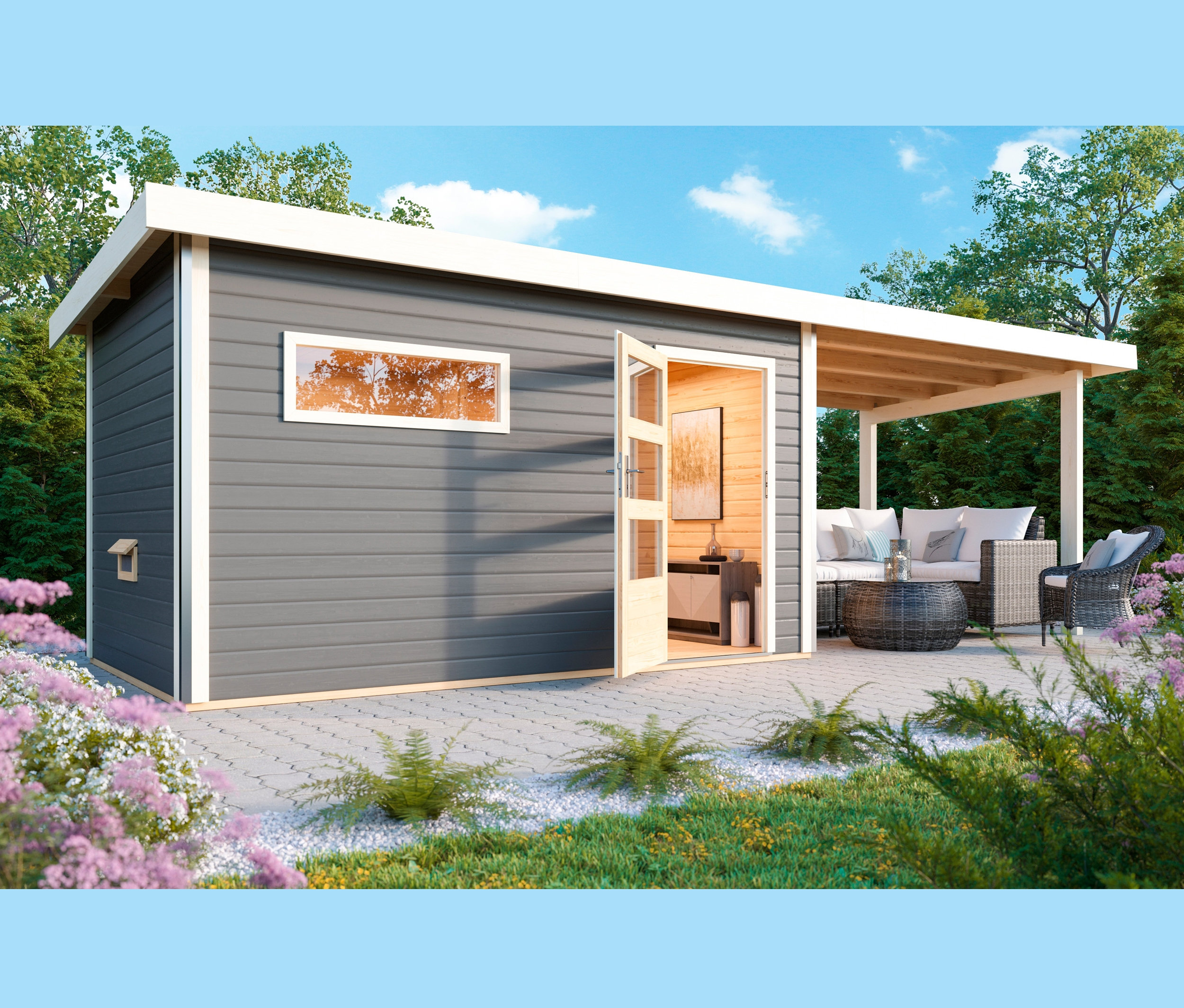 Graues Saunahaus mit weißem Dach und offener Tür, die in einen beleuchteten Innenraum führt. Karibu-Saunahaus »Logan 3« mit Fronteinstieg, inkl. 9kW-Bio-Kombiofen, Außenmaß ca. 396 x 231 cm