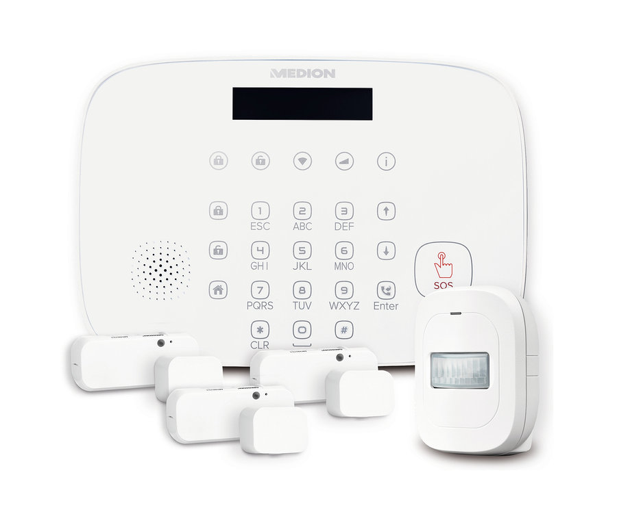 Weißes MEDION Smart Home Alarm Set mit Tastatur, Sensoren und Bewegungsmelder.