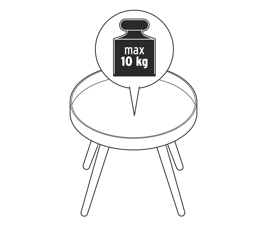 Illustration eines runden Beistelltisches mit einem maximalen Gewicht von 10 kg.