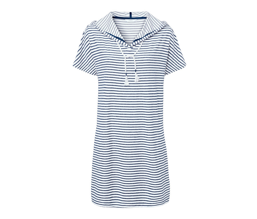 Ein blau-weiss gestreiftes Frottier-Strandkleid mit Kapuze.