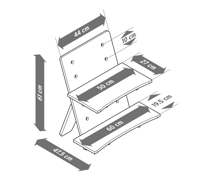 Illustration der Abmessungen eines Schreibtischaufsatzes.