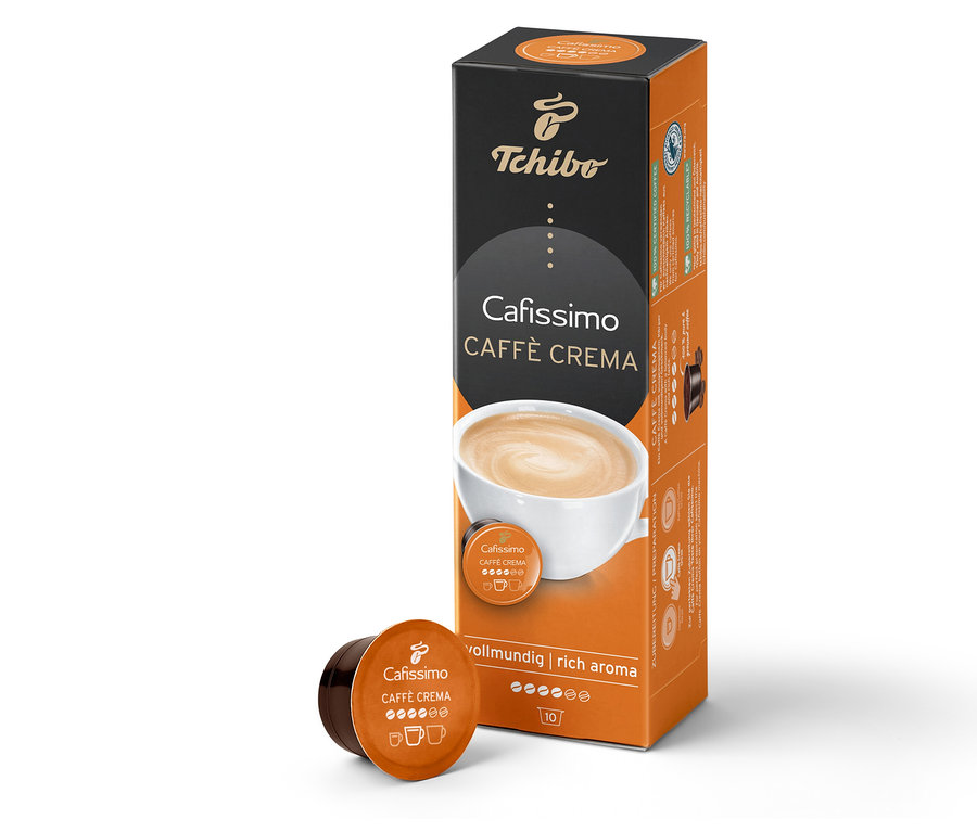 Eine Packung Cafissimo Caffè Crema vollmundig und eine Cafissimo Caffè Crema vollmundig Kapsel.
