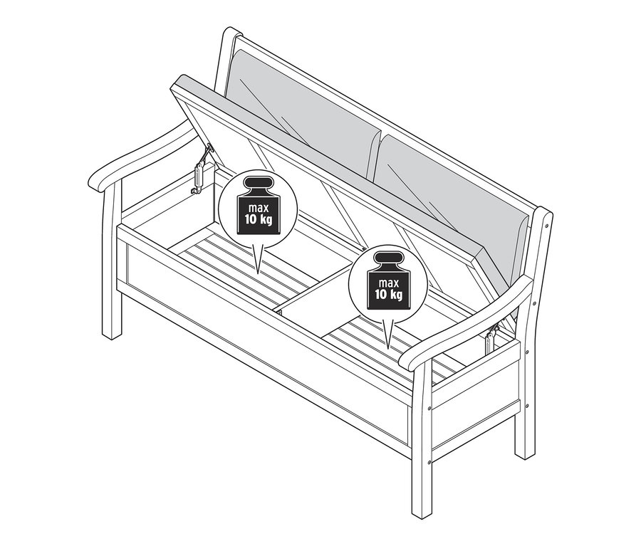 Illustration einer Holzbank mit Stauraum und einer maximalen Traglast von 10 kg.