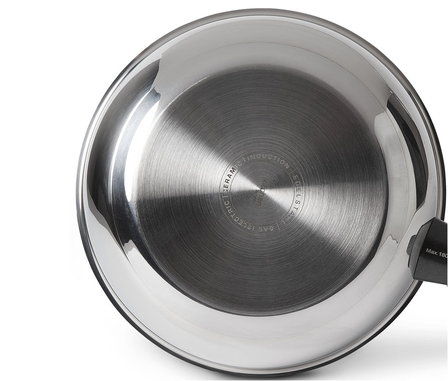 Detailaufnahme einer Edelstahl-Pfanne von unten, mit Markierungen für verschiedene Herdtypen.