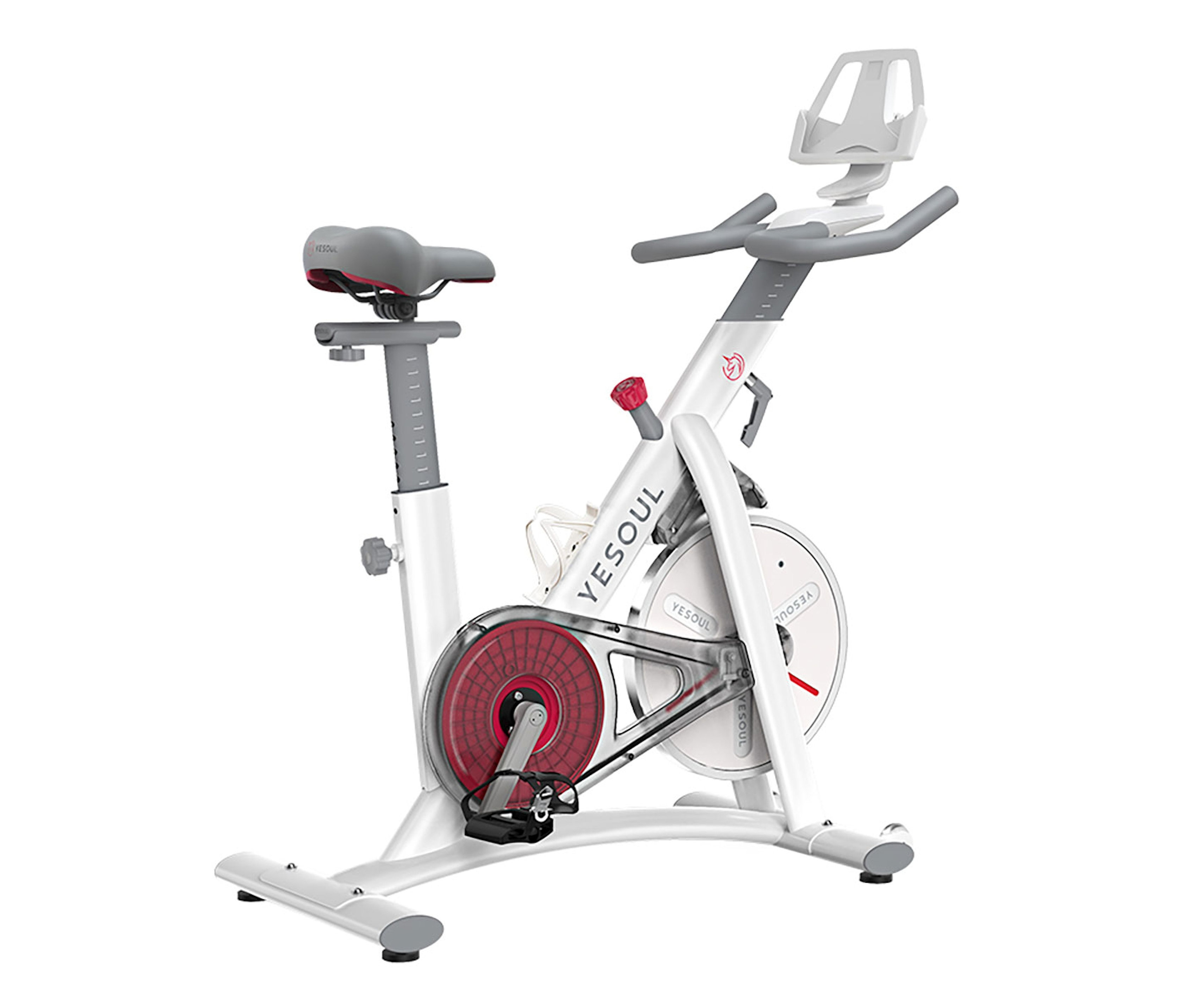 Weißes stationäres Fahrrad der Marke YESOUL, Modell Smart Indoor Cycle »S3«.