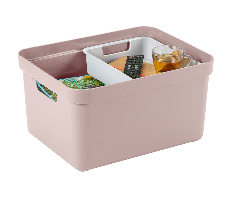 Rosa Aufbewahrungsbox mit Sunware®-Einsatz »Sigma Home«, M, Fernbedienung, Tee und Buch.