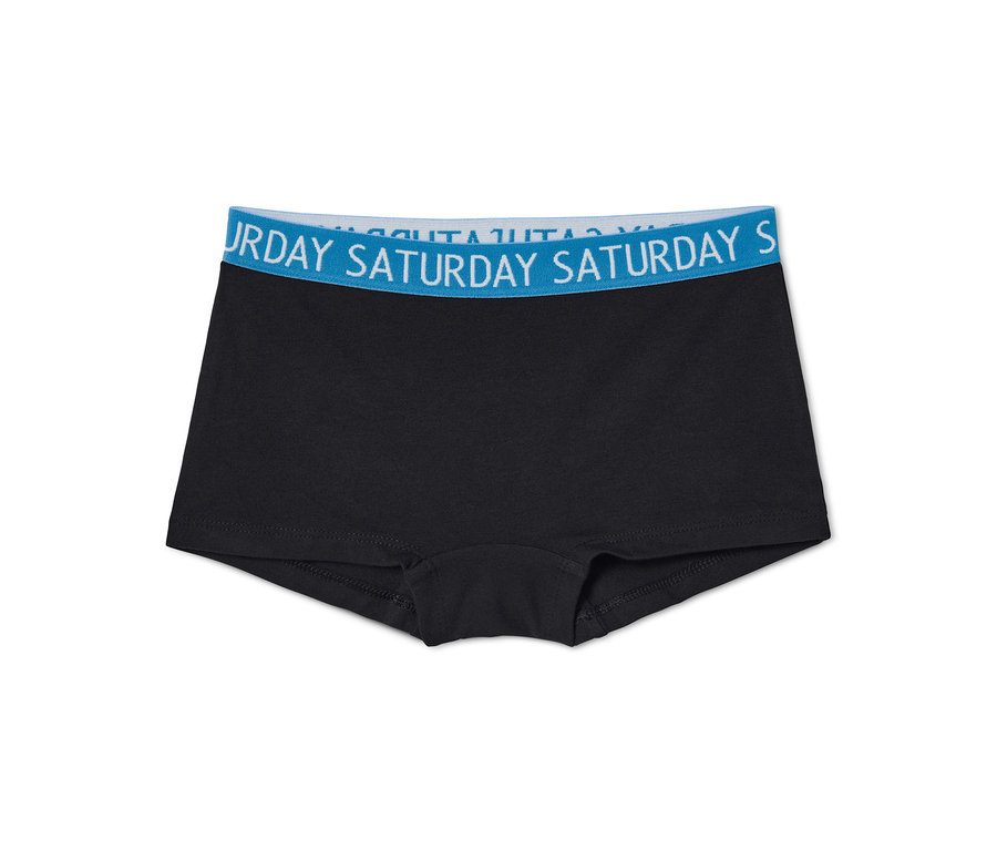 Schwarze 7 Mädchen-Pantys mit blauem Bund mit Schriftzug.