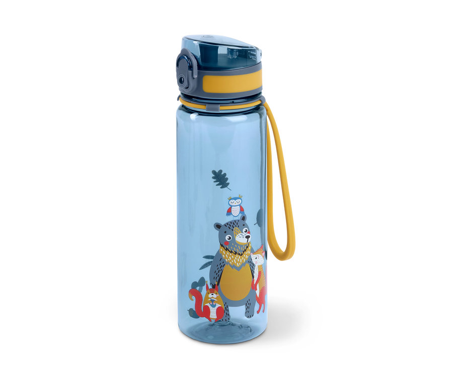 Blau-orange Trinkflasche mit mehrfarbigem Print von Bär, Eichhörnchen, Fuchs und Eule.