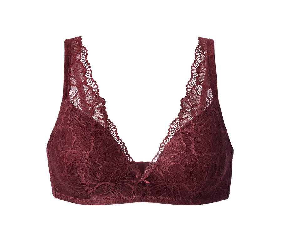 Ein bordeauxroter Softschalen-BH mit Spitze.
