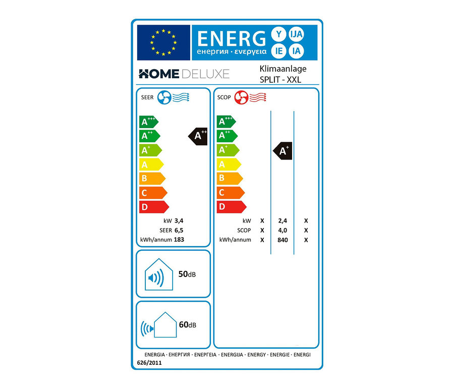 Energielabel der Home-Deluxe-Klimaanlage »SPLIT DELUXE XXL« mit Energieeffizienzklassen von A+++ bis D.
