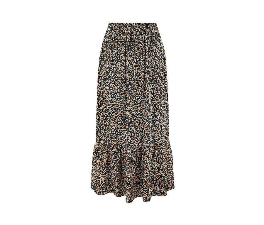 Ein Chiffon-Rock mit orangefarbenem und weißem Blumenmuster.