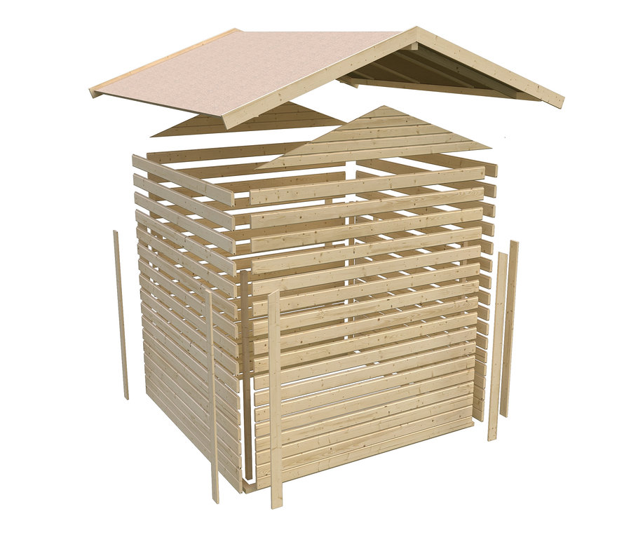 Illustration eines zerlegten Karibu Poolhaus »Tiki Bar« mit ca. 9,62 m³ und ca. 12,6 m³ und Karibu Gerätehaus mit Doppelflügeltür, 19 mm (Adamma 6).