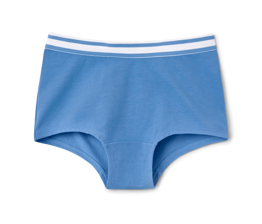 Blaue Mädchen-Pantys mit weiß gestreiftem Bund.