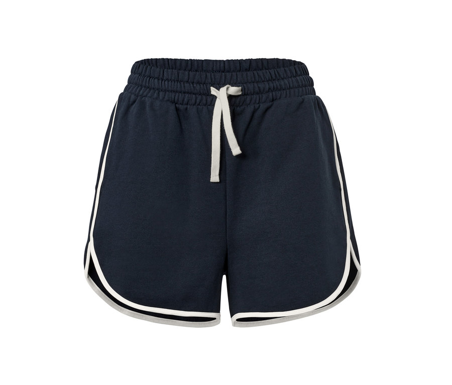 Marineblaue Sweatshorts mit weissen Bündchen.