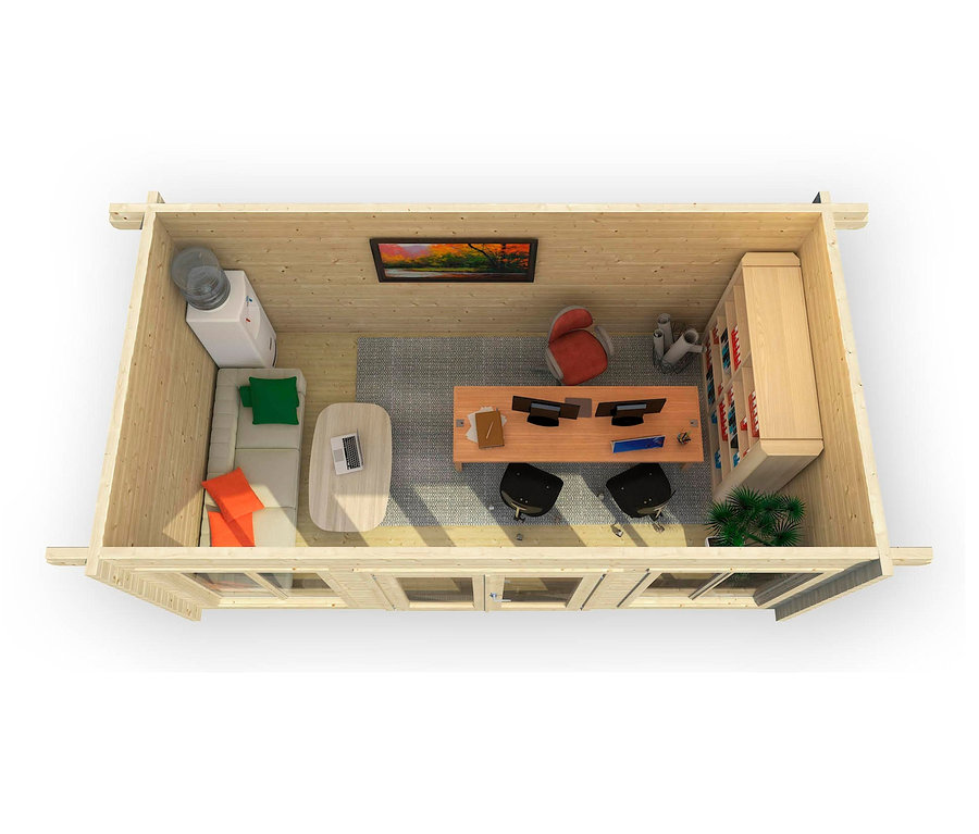 Draufsicht des Innenraums eines Weka Premium-Wochenendhauses, 70 mm, mit Sofa, Tisch, Computern und Bücherregal.