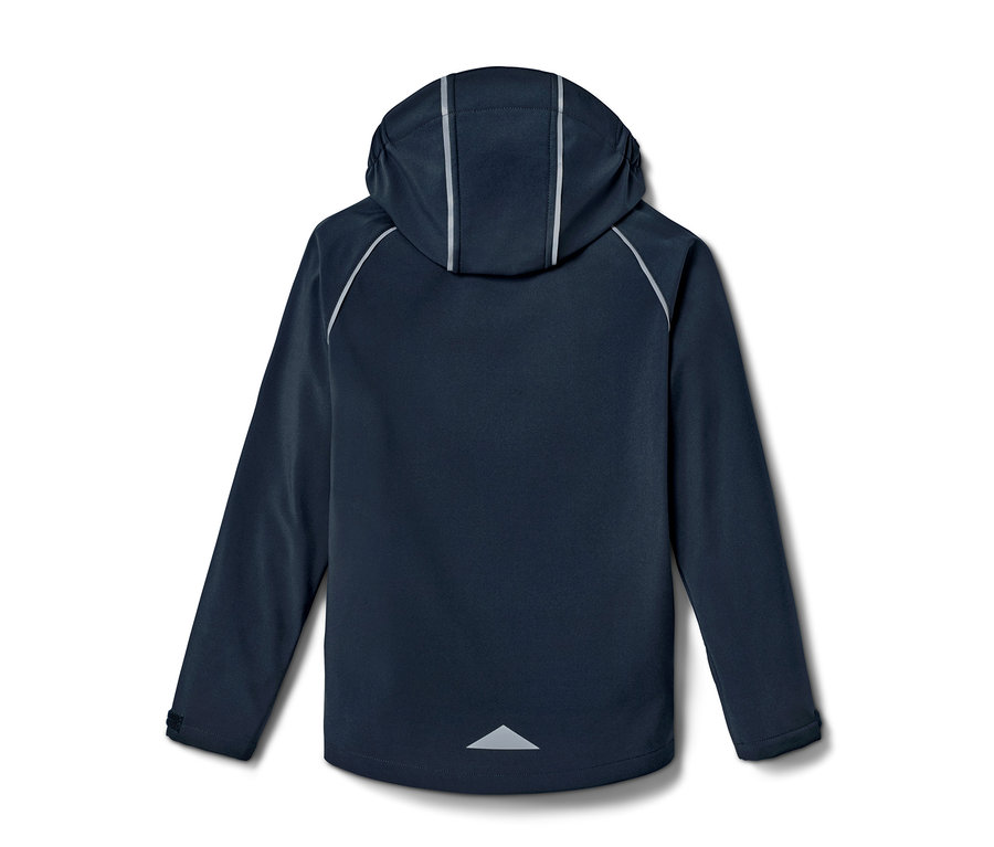 Dunkelblaue Softshell-Jacke mit Kapuze und reflektierenden Details.