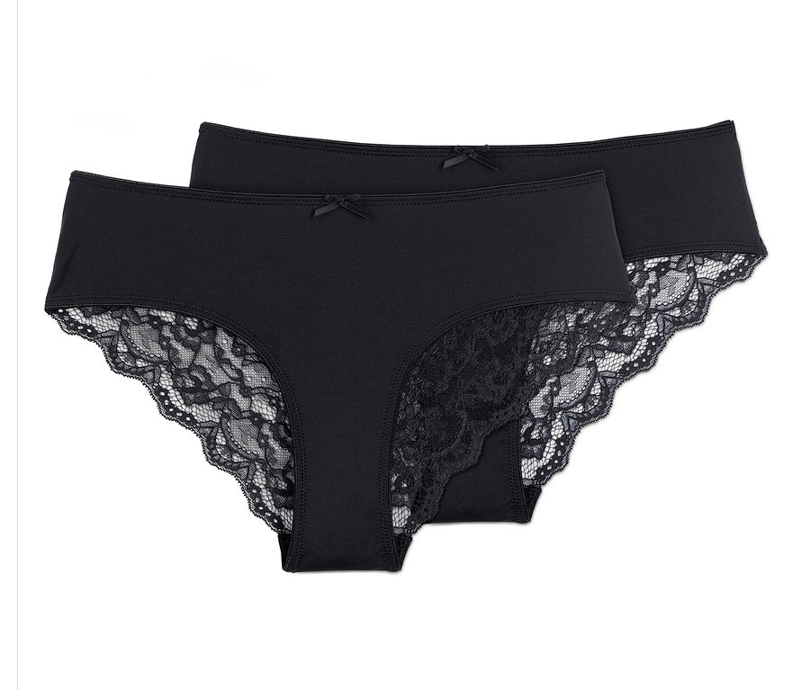 Zwei schwarze Brazilslips mit Spitze.