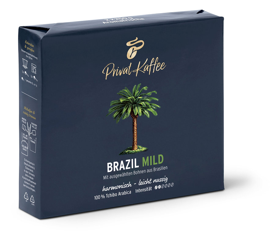Eine Packung Privat Kaffee Brazil Mild Gemahlen.