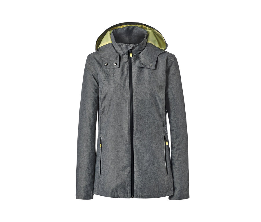 Graue Allwetterjacke mit Kapuze.