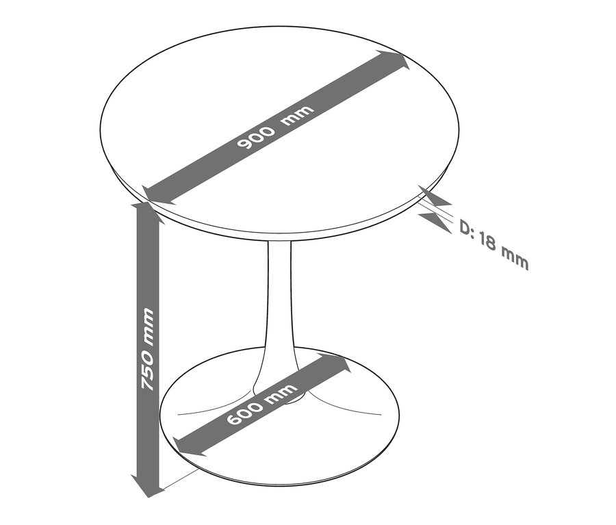 Skizze eines Design-Tisches mit runder Platte, 750 mm hoch, Plattendurchmesser 900 mm.