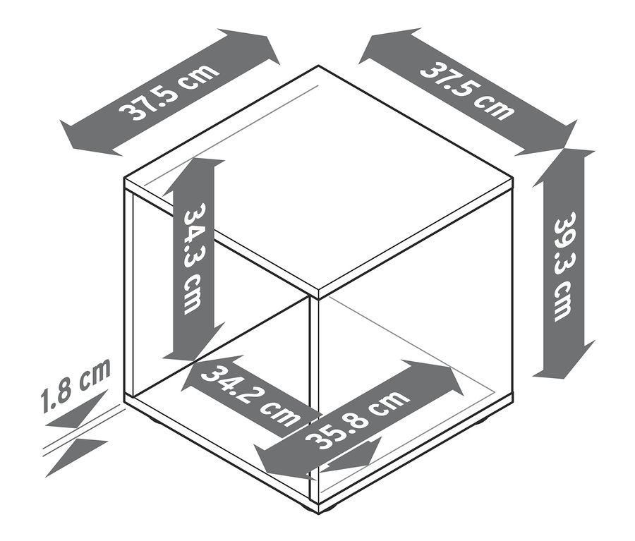 Das Diagramm zeigt die Abmessungen des Regalmoduls »Flemming«, ca. 37,5 x 37,5 cm.