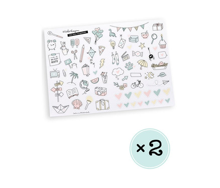 Blatt mit gezeichneten Aufklebern, inklusive Luftballons, Pizza und Herzen. Dekosticker-Set »Mal eben hingeklebt«.