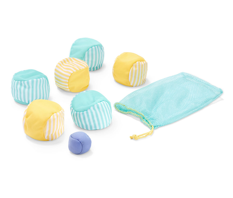 Sechs Soft-Boccia-Würfel und eine blaue Tragetasche.