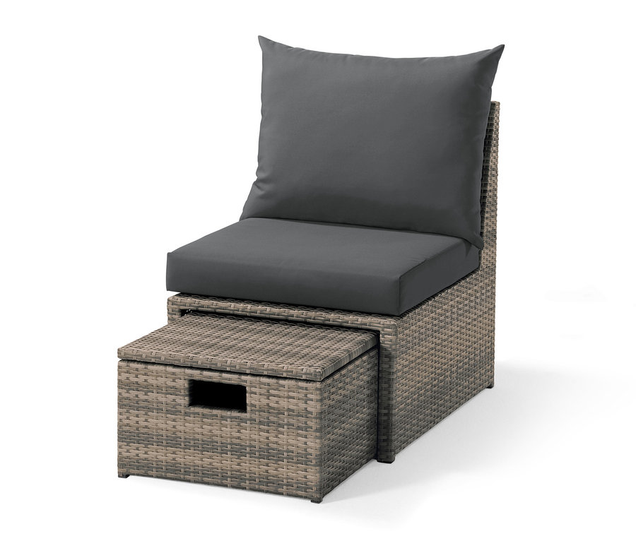 Lounge-Sessel »Thore« mit Ausziehfunktion aus Polyrattan mit grauem Kissen.