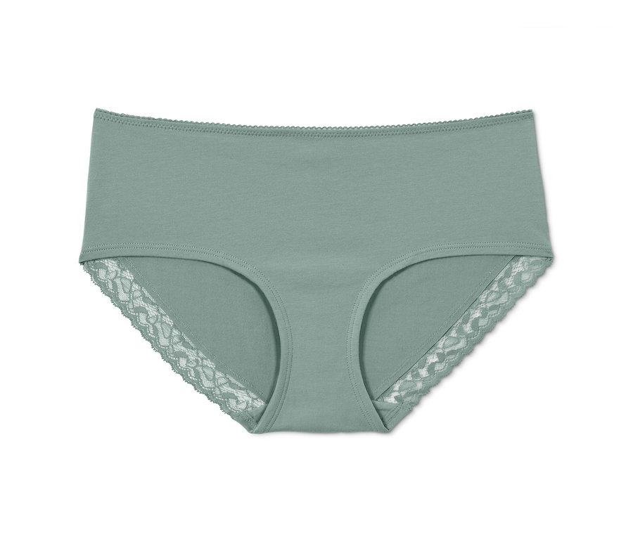 Ein grüner Damenslip (2 Stk.) mit Spitze liegt auf einem weißen Hintergrund.