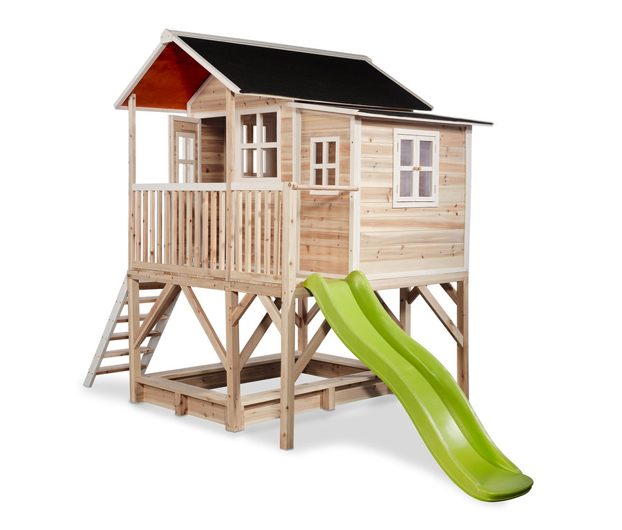 EXIT Spielhaus »Loft 550«, natur, mit schwarzem Dach, grüner Rutsche und Sandkasten unten.