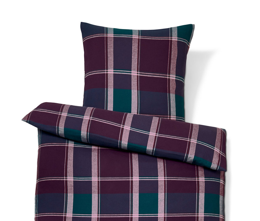 Karierte Flanell-Bettwäsche Normalgröße in Lila- und Grüntönen.