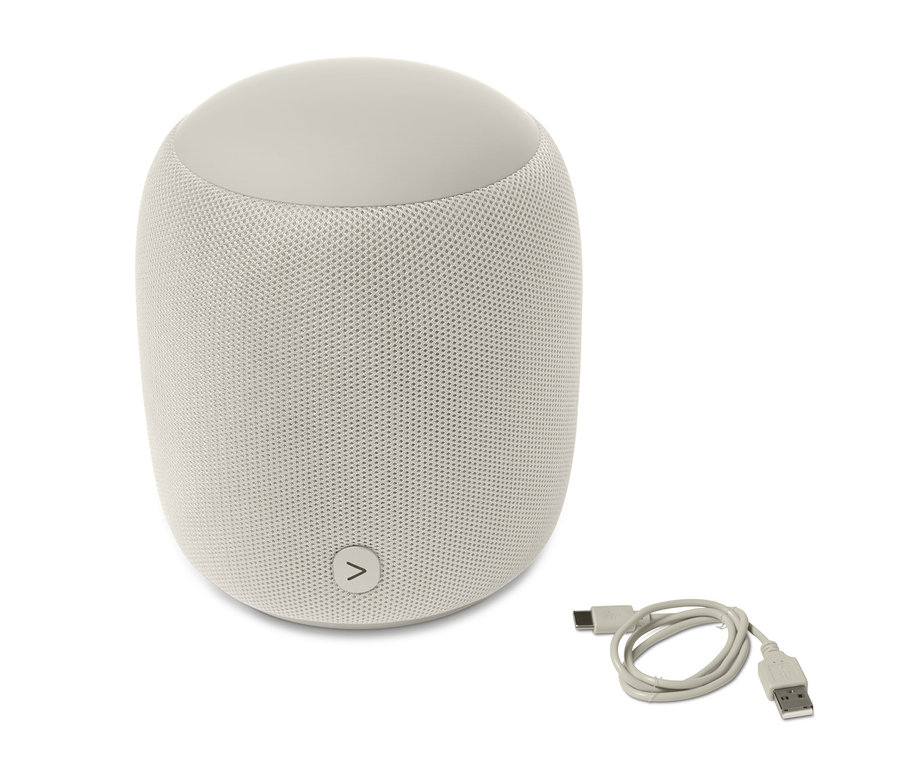 Grauer Fabric-Bluetooth®-Lautsprecher, gross, neben Kabel.