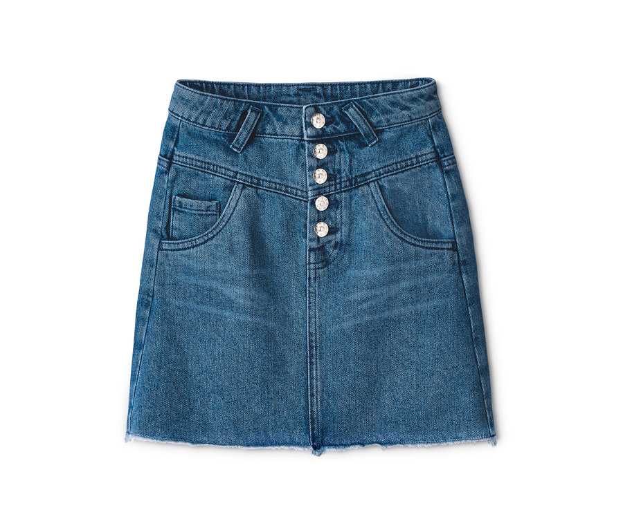 Blauer Jeansrock mit Knöpfen.
