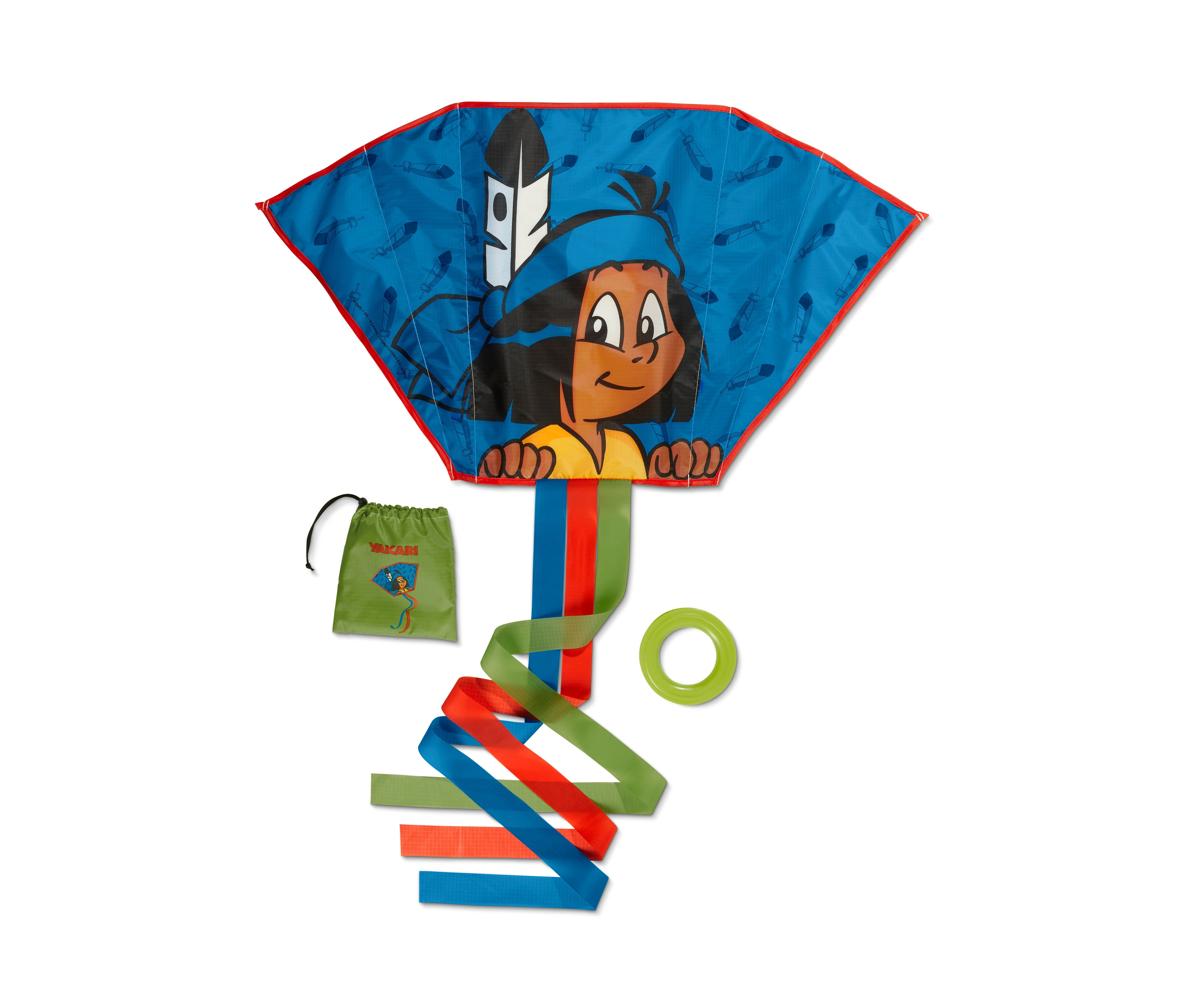 Blauer Yakari-Taschendrachen mit Yakari-Motiv, grüne Tasche, Drachenspule und bunte Bänder auf weißem Hintergrund.