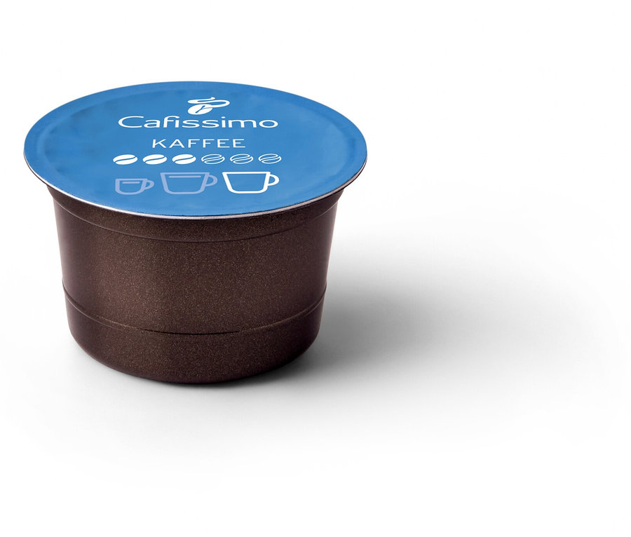 Nahaufnahme einer Cafissimo Kaffee mild Kapsel auf weißem Hintergrund.