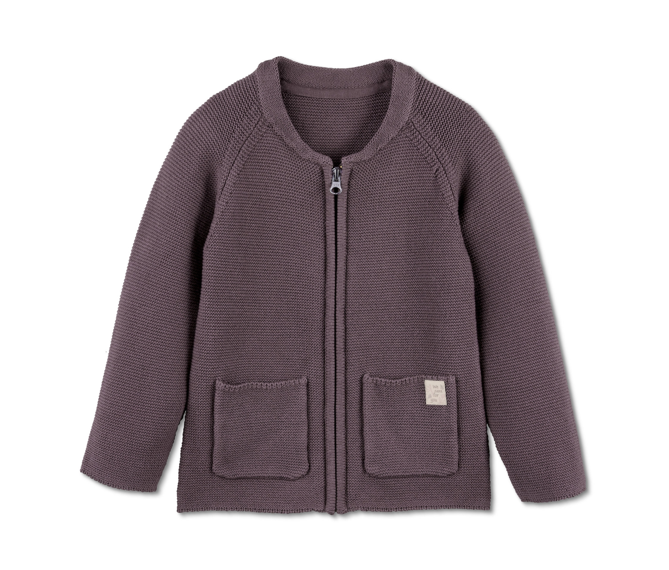Auberginefarbene Baumwoll-Strickjacke mit Reißverschluss und Taschen.