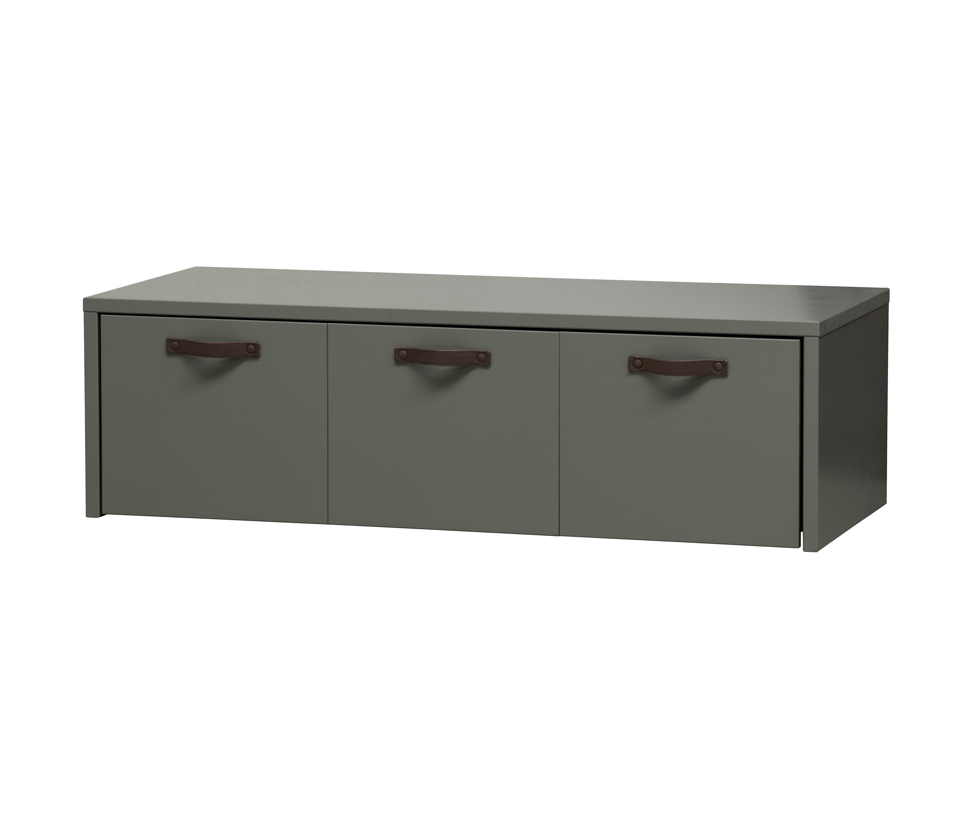 Graue Sitzbank mit Stauraum »Stage« mit drei Schubladen und Ledergriffen.