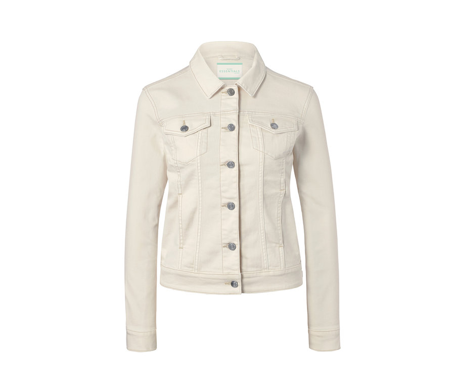 Eine cremeweiße Jeansjacke mit Knöpfen.