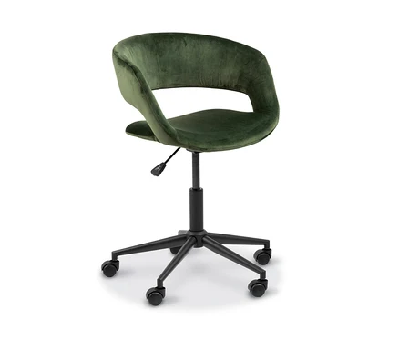 Ein grüner Bürostuhl mit schwarzem Gestell und Rollen.