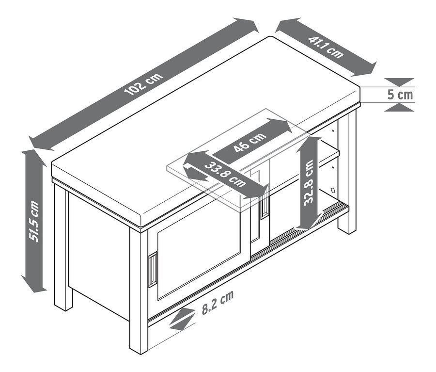 Schwarz-weiße Illustration einer Sitzbank »Clara« mit Fach und hervorgehobenen Abmessungen.