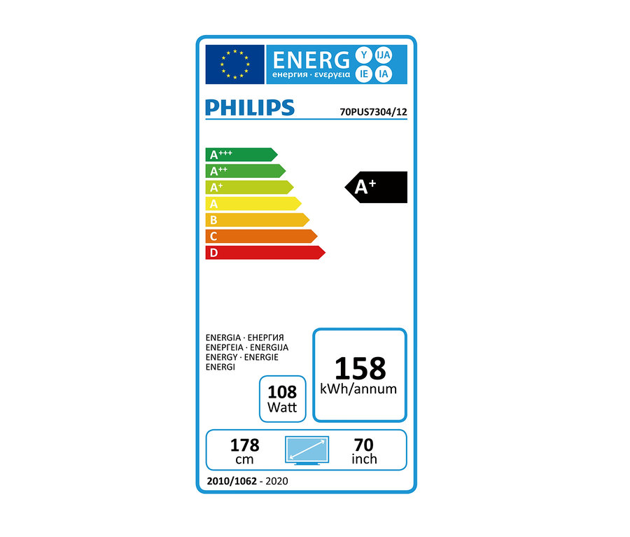 Energielabel des Philips 4K UHD LED-Smart TV mit Ambilight, das die Energieeffizienzklasse und den Stromverbrauch angibt.