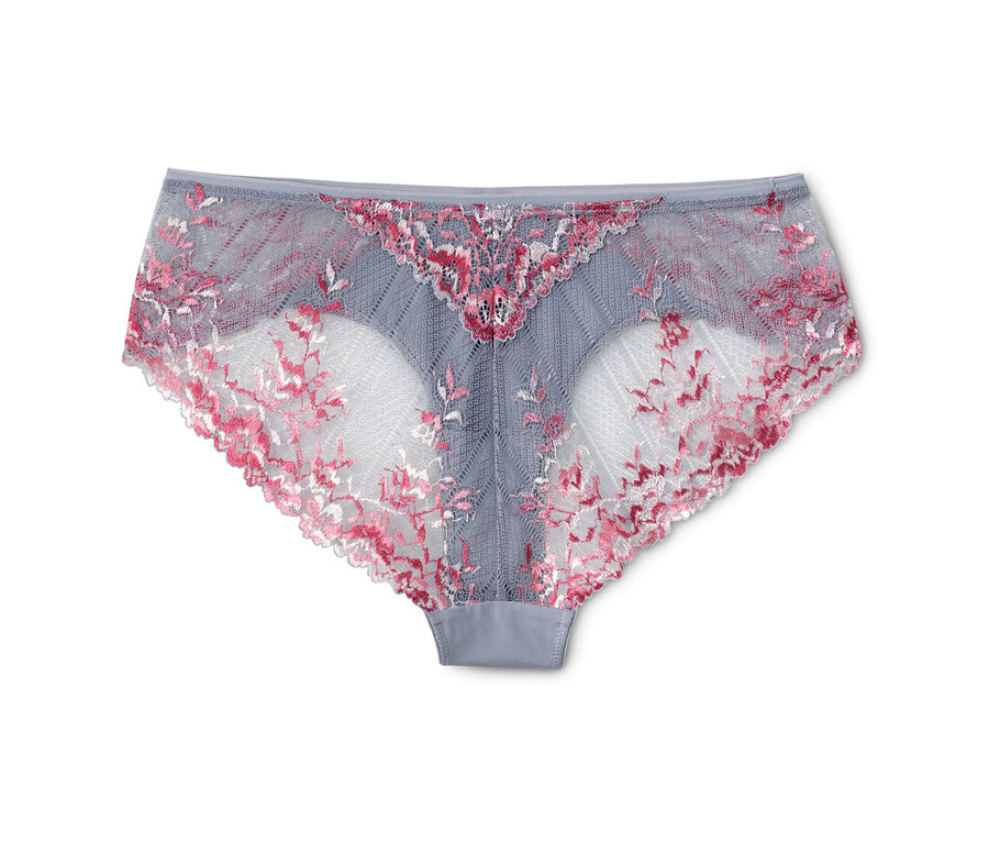 Ein grauer Brazilslip mit rosa Blumenspitze.