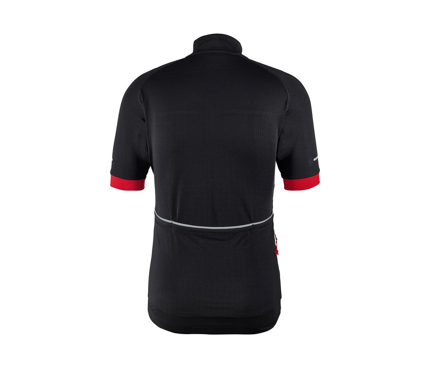 Schwarzes Rad-Trikot mit kurzen Ärmeln und roten Ärmelenden.