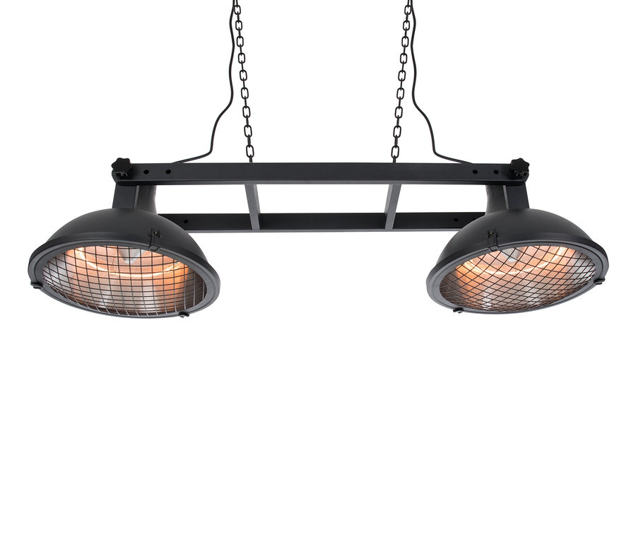 Schwarzer Sunred-Deckenheizstrahler »Indus II Hanging 3000« hängt an Ketten.