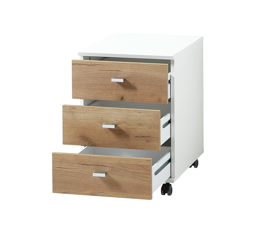 Weißer Rollcontainer »Lioni« mit drei Schubladen, von denen zwei geöffnet sind.