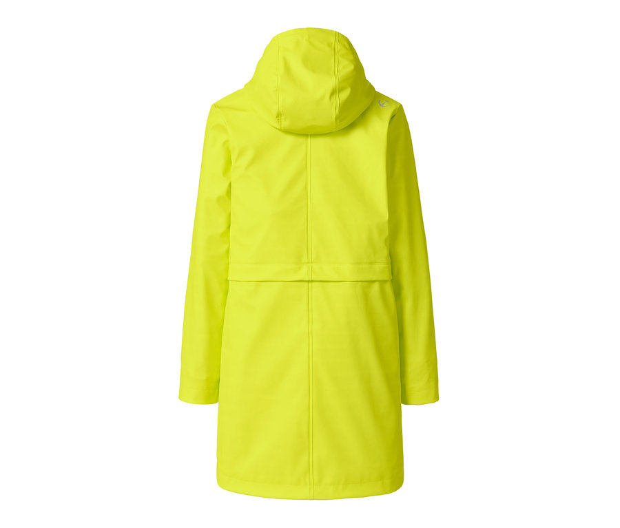 Rückansicht eines gelben Regenparkas »Friesennerz« mit Kapuze.