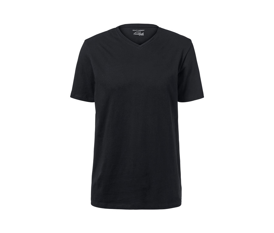 Schwarzes T-Shirt mit V-Ausschnitt.