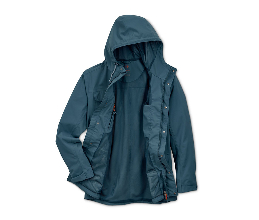 Offene, blaugrüne Funktionsparka mit Kapuze.