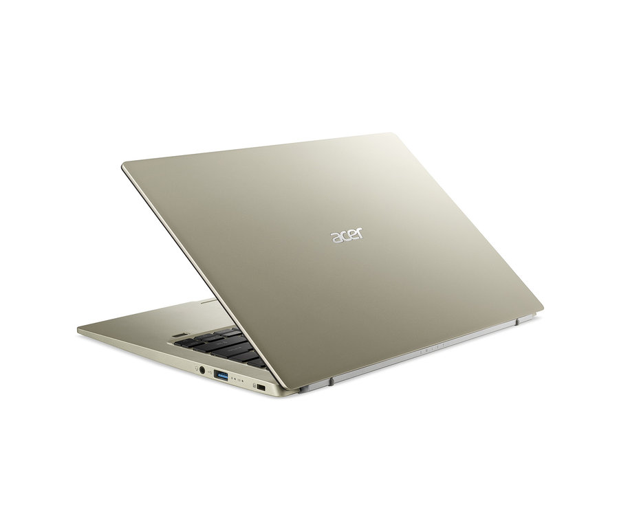 Ein teilweise geöffnetes, goldfarbenes Acer Swift 1 Notebook.