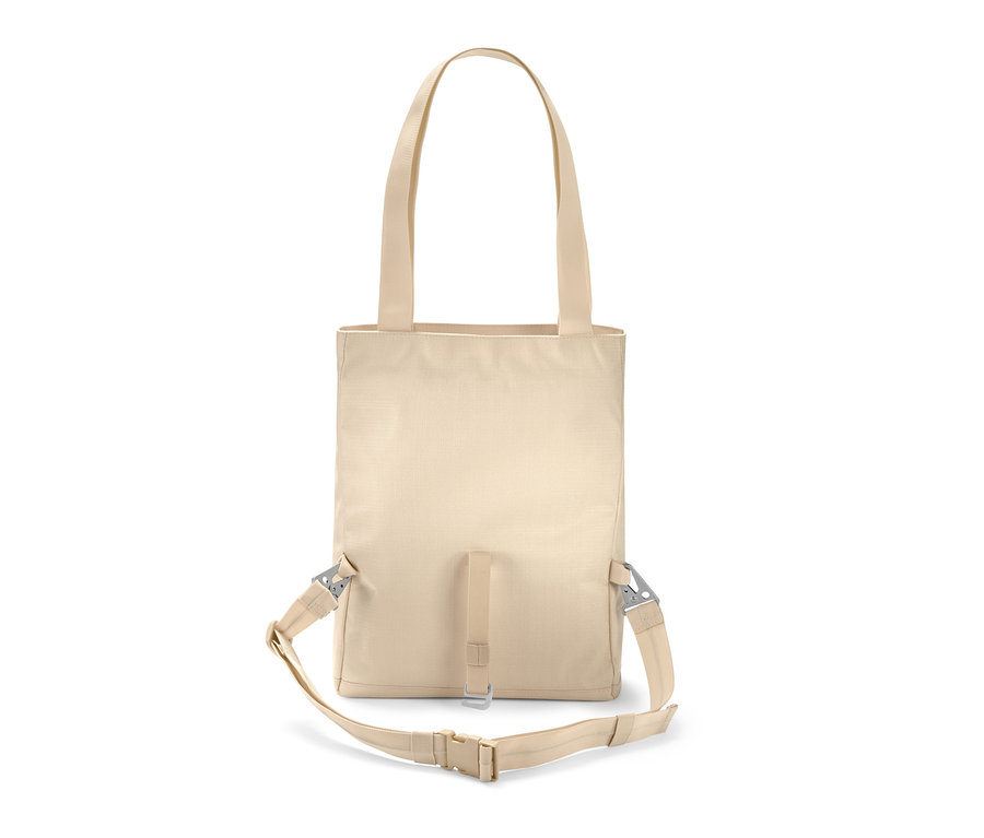 Eine beige Sicherheits-Umhängetasche mit Riemen.